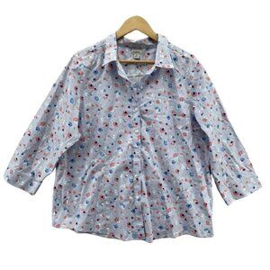 L.L. Bean Button Front Shirt Plus‎ 1X Blue Floral Print 100% Cotton 3/4 Sleeve